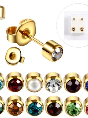 Ear Piercing Regular Stainless Steel Stud Earrings 4mm Bezel Birthstones* Gold