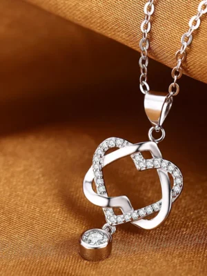 Women Silver Double Heart Zircon Crystal Pendant Chain Necklace Jewelry Gift